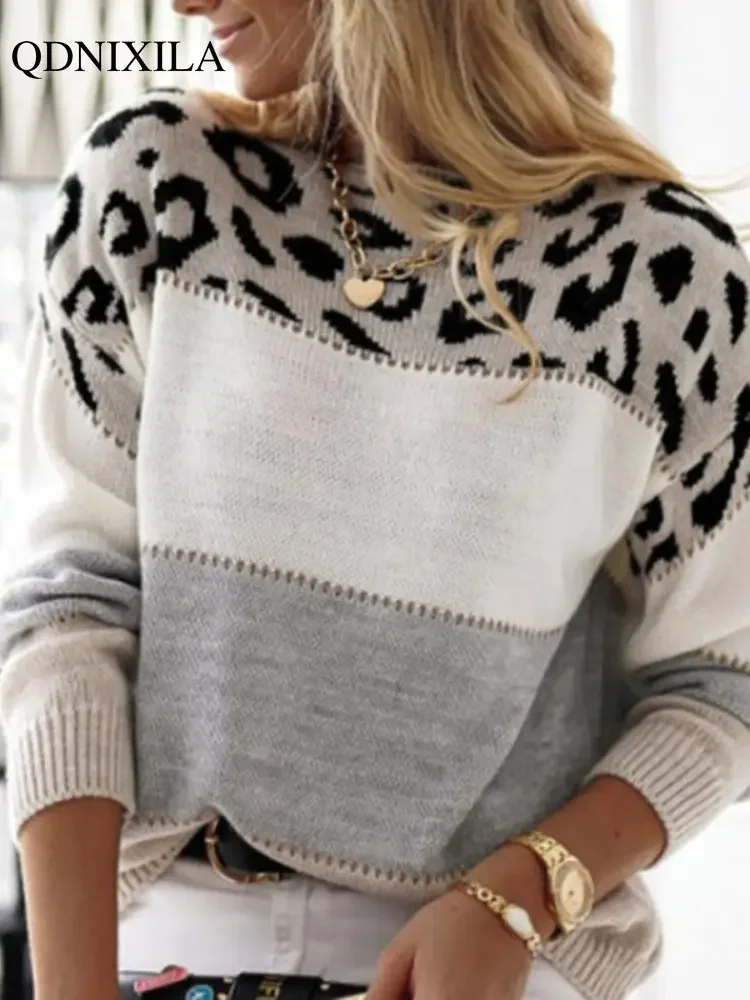 

2023 Autumn Winter Women's Sweater Color Leopard Print Knit Long Sleeve Top Korean Fashion Streetwear Oversized Vintage Pullover