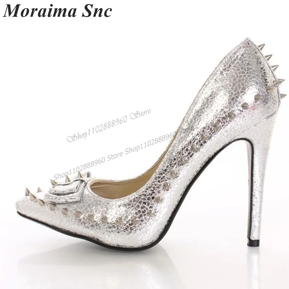 Graceful Silver Leather Bow Knot Rivet Decor Pumps Stilettos High Heel Women Shoes Slip-On Pointed Toe 2023 Zapatos Para Mujere