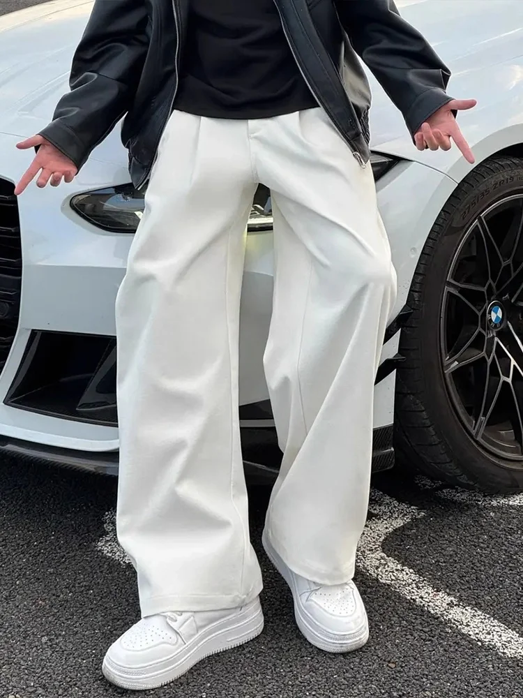 

Белые мужские повседневные брюки прямого кроя, струящиеся, с широкими штанинами, осенние, модные, из полиэстера, не требующие глажки