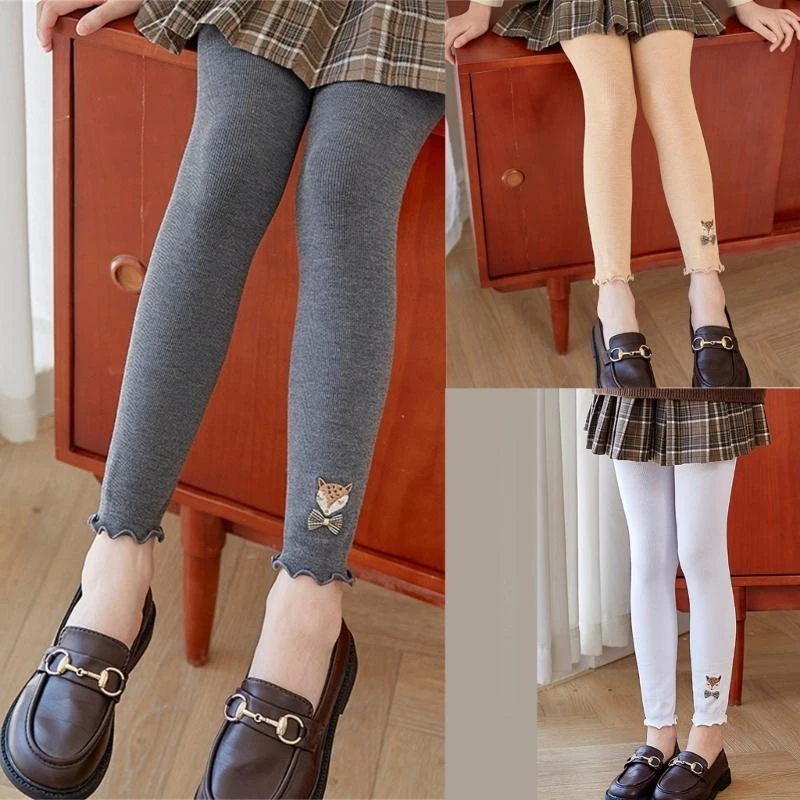 

J15U Breathable Girls Cropped Pants Solid Color Baby Tights Trendy Child Elastic Leggings for Daily Wear and Activity