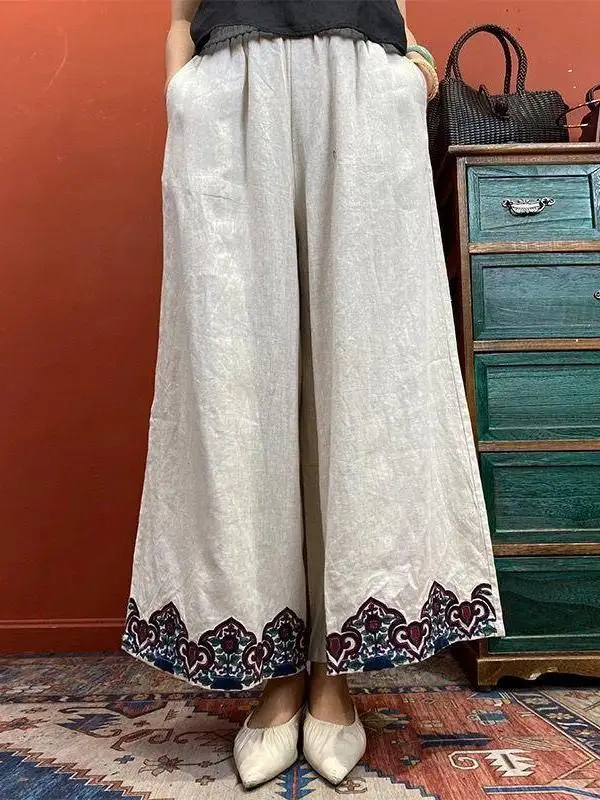 High Waist Cotton Linen Wide Leg Pants Women Loose Embroidered Lace Nine Points Casual Pants All Match Small Size