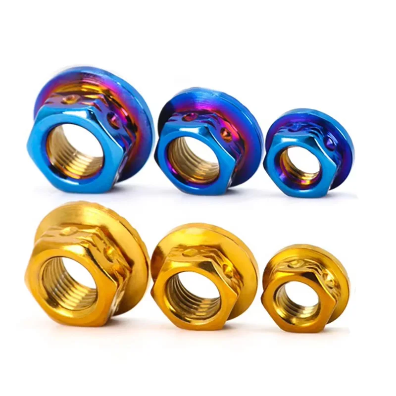 2pcs 304 Stainless Steel With Burn Titanium Gloden Colour Flange Hex Nut M6 M8 M10 M12 Flange Nuts For Bicycle Motorcycle Car