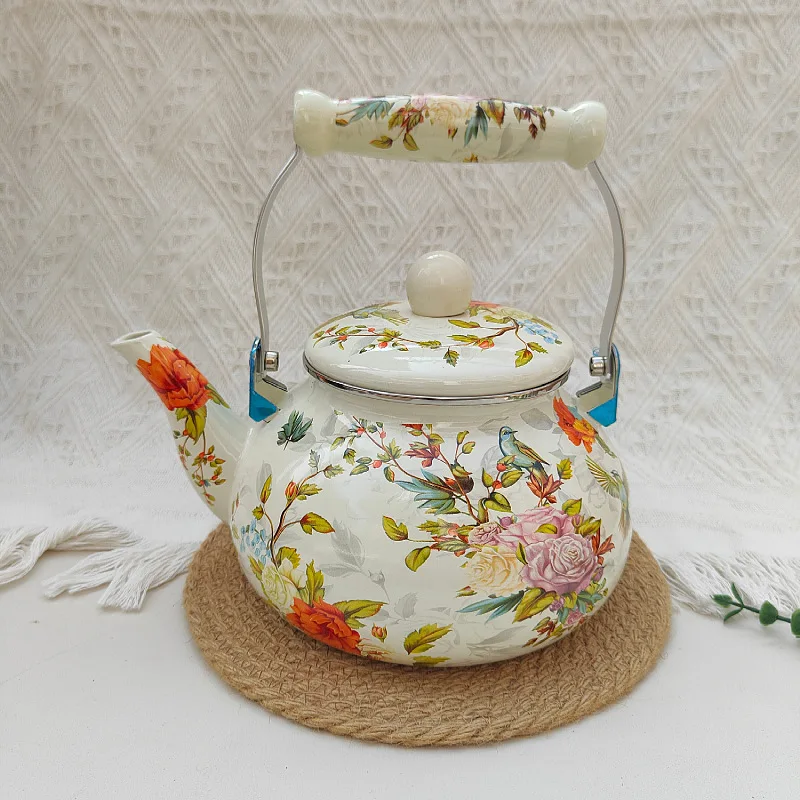 1pcs Chinese-style enamel teapot 2.5L  anti-scald handle, gas stove kettle, pear-shaped floral enamel coffee pot view 3