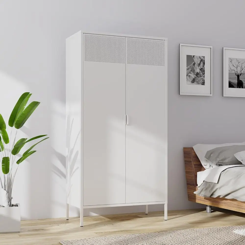 White 71 Metal Storage Cabinet with Hanging Rod and Adjustable Shelves for Home, Office, School, and Gym