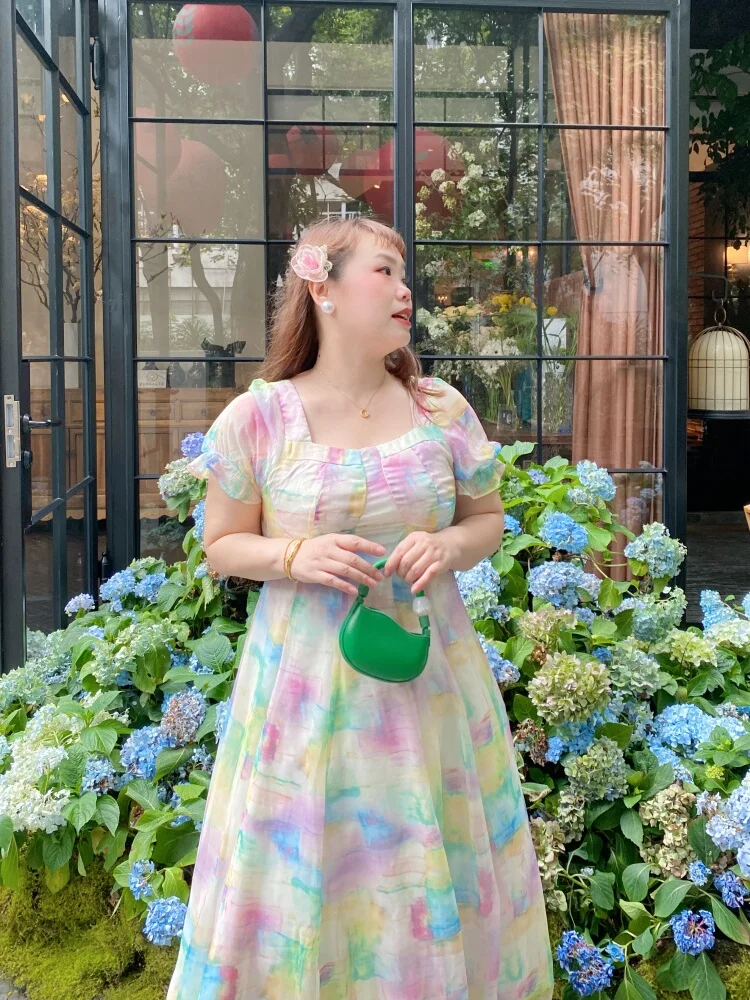 

Spring Summer 2024 plus Size Rainbow Tie Dye Dr Ele Slimming A-Line Skirt French Sle Bubble Sve Polyester Fiber