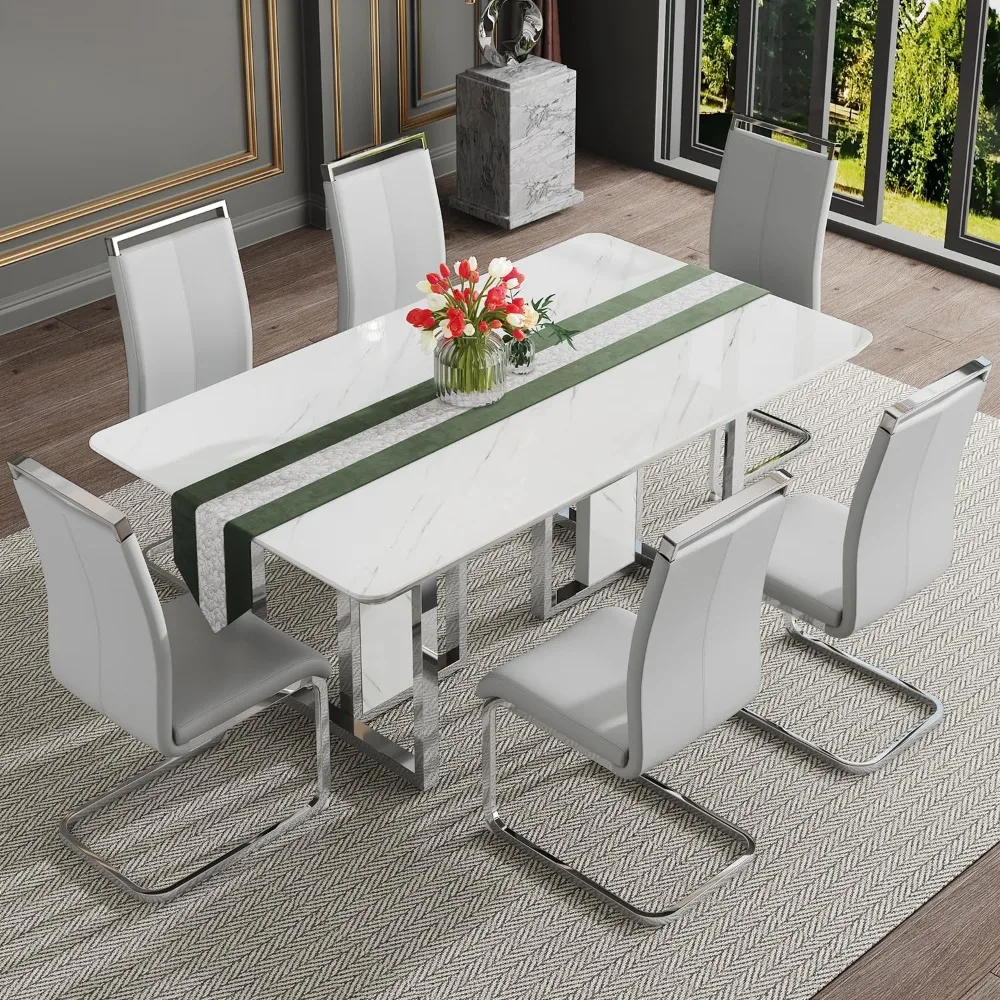 Ensemble de table à manger de luxe, table de cuisine, optique de 1.8 pouces, dessus en faux marbre, 6 chaises à pied en cuir, 67 en effet