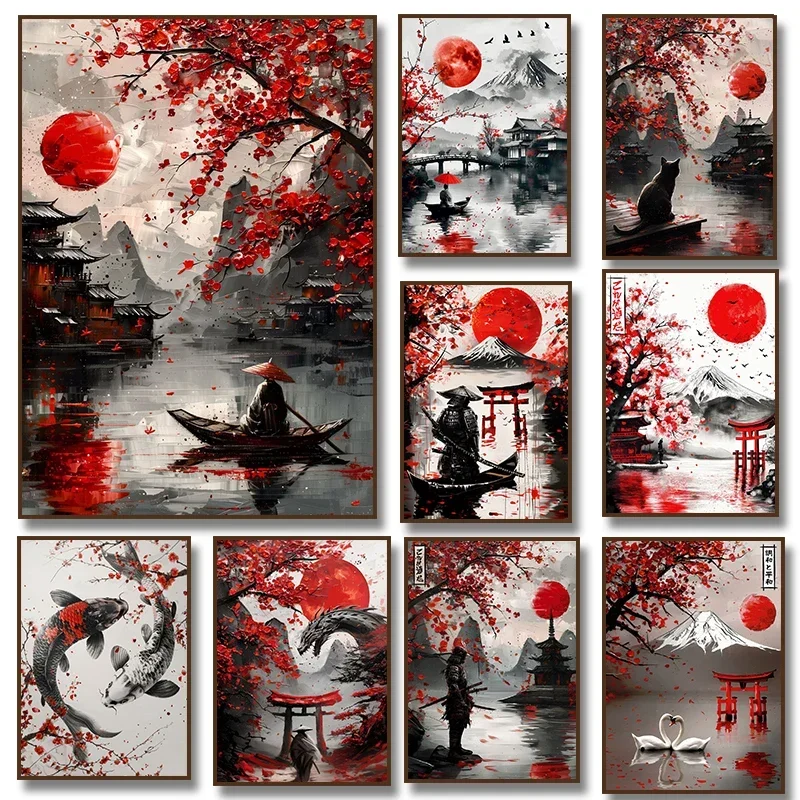 Póster abstracto de samurái Torii Gate, dragón, pez Koi, lienzo, pintura impresa, imagen artística de pared para sala de estar, decoración del hogar, Cuadros