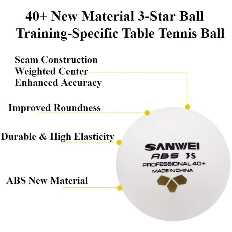 100PCS SANWEI 3-Star Table Tennis Balls ABS New Materials 40+ Gold Label Seam Ping Pong Balls High Bounce & Durable For Training