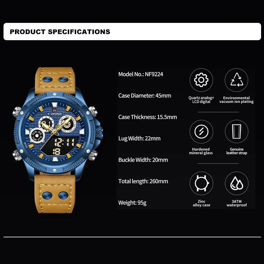 NAVIFORCE Brand Men\'s Watch Digital Luminous Waterproof Male Sport Quartz Wristwatches Dual Display Clock Relogio Masculino 2023