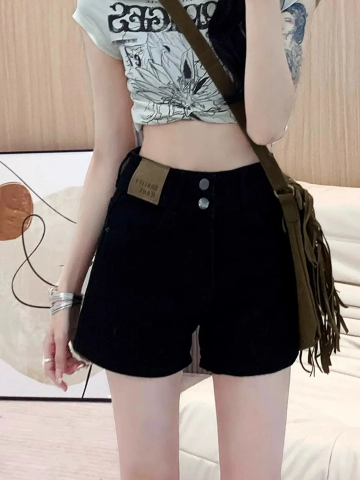 

High Waist Black A-Line Denim Shorts Women's Spicy Girl Summer Slimming Small Size Hot Pants Straight Leg Short Jeans