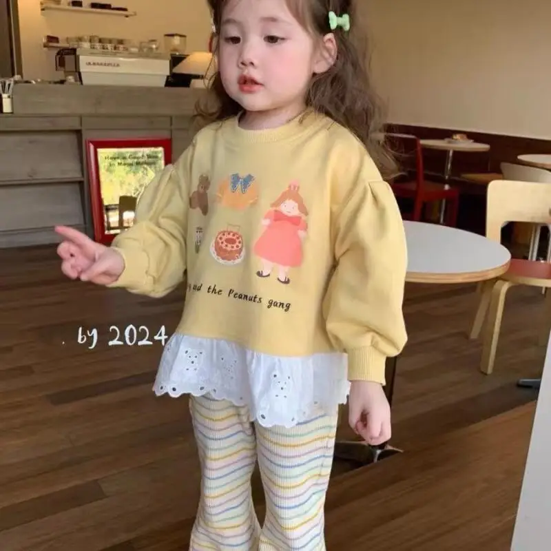 فتاة البلوز بأكمام طويلة Kawaii معطف غير رسمي ملابس الأطفال الكورية الفتيات هوديي موضة الكرتون طباعة الجولة الرقبة الدانتيل الاتجاه #6