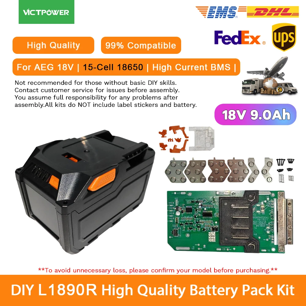 

Аккумуляторный блок для электроинструментов RIDGID/AEG 18V L1890R с платой защиты от высокого тока, 9.0Ач, 5S3P, 15 элементов 18650, высокое качество