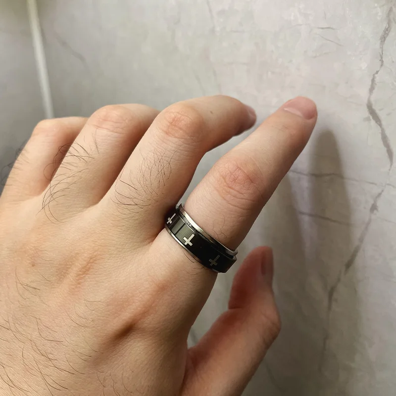 Rotatable Metal Cross Ring For Men Women White In Black Stainless Steel Ring Punk Gothic Accessories Christian Jewelry Gift