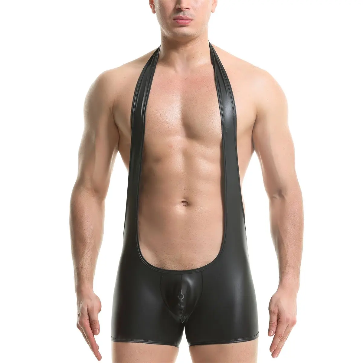 Men Boxer Fake Leather Shorts Sexy Onesie Neck Hollow Leotard Gay Sissy Panties U Convex Underwears Big Pocket Lager Pouch Boxer