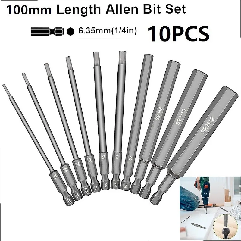 10Pcs 1.5-12mm Hex Allen Wrench Set S2 Steel Magnetic Tip 1/4 Inch Hex Key Screwdriver Bit