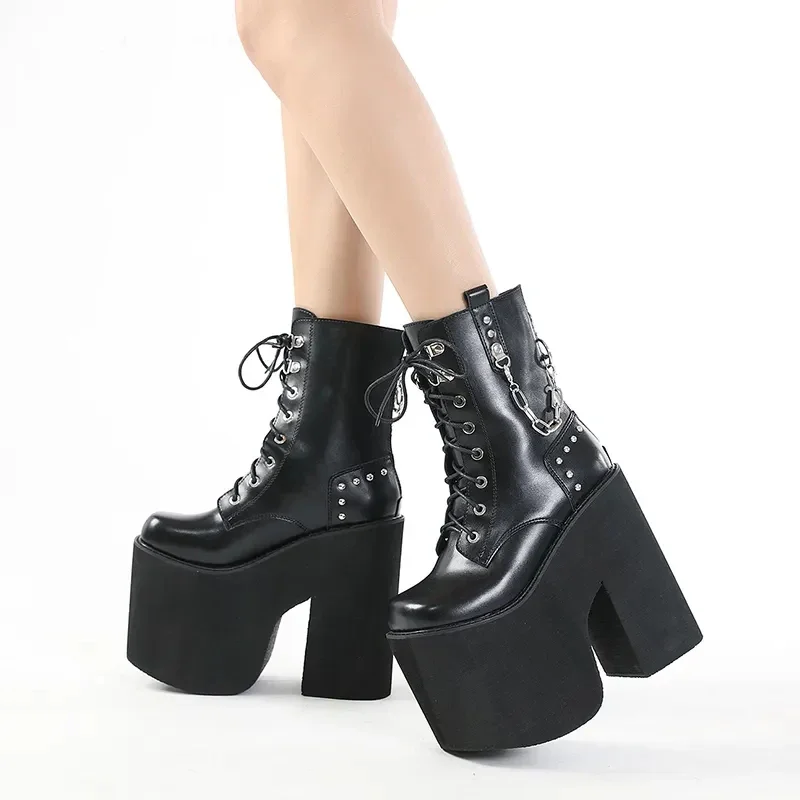 Goth Rivet emo Shoes Platform Heeled Boots Women Big Size Chain Metal Decoration Chunky Heels Combat Boots Mid Calf