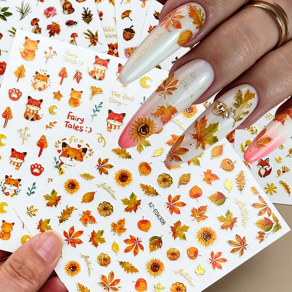 12Pcs Autumn Maple Leaf Sunflower Nail Art Sticker 3D Cartoon Pumpkin Squirrels Bronzing Design Nail Decals Fall Leaves Nail Dec