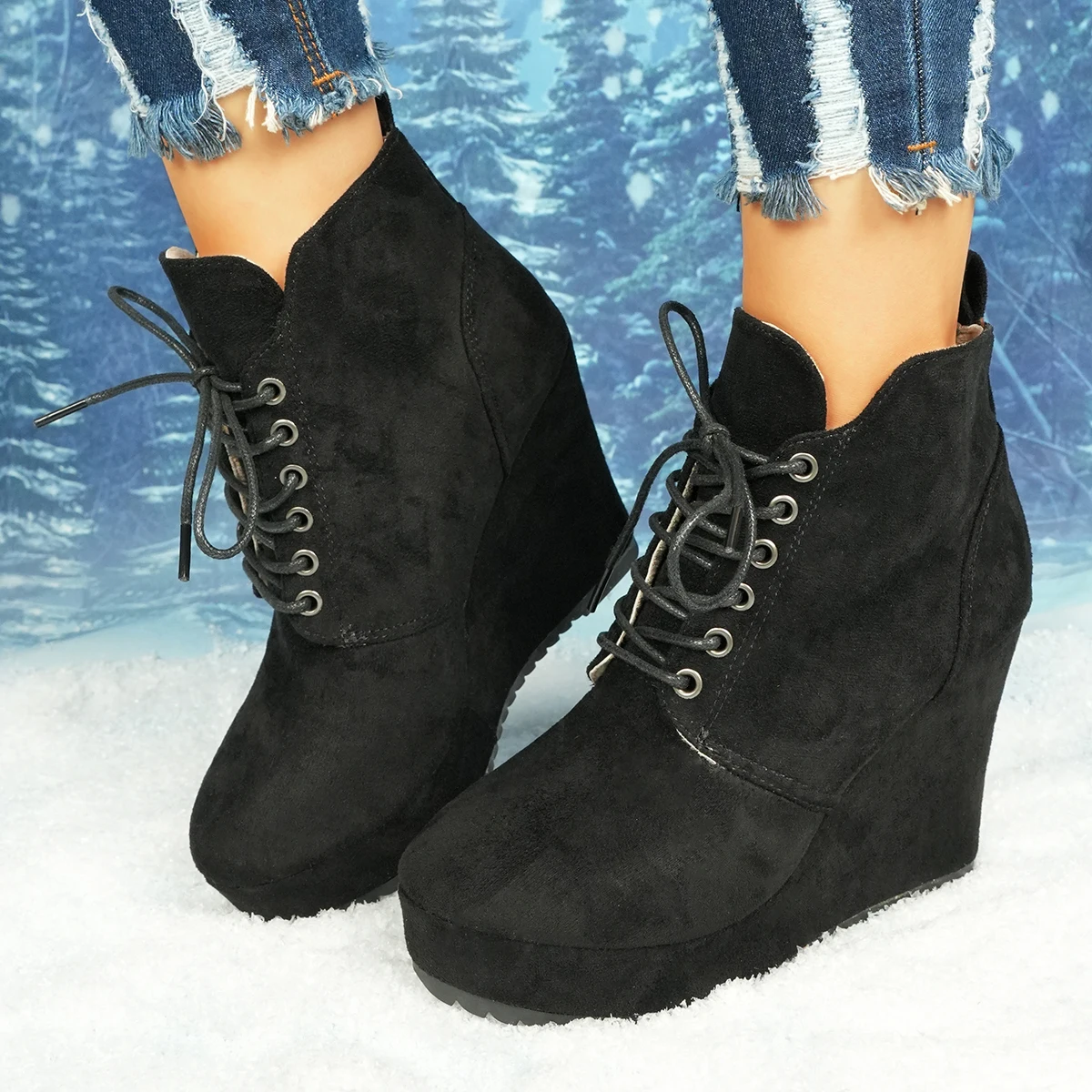 

Retro Women Boots Plus Size Chunky Platform Ankle Boots Woman Autumn Winter Short Booties Fashion Lace Up Wedge Shoes Women