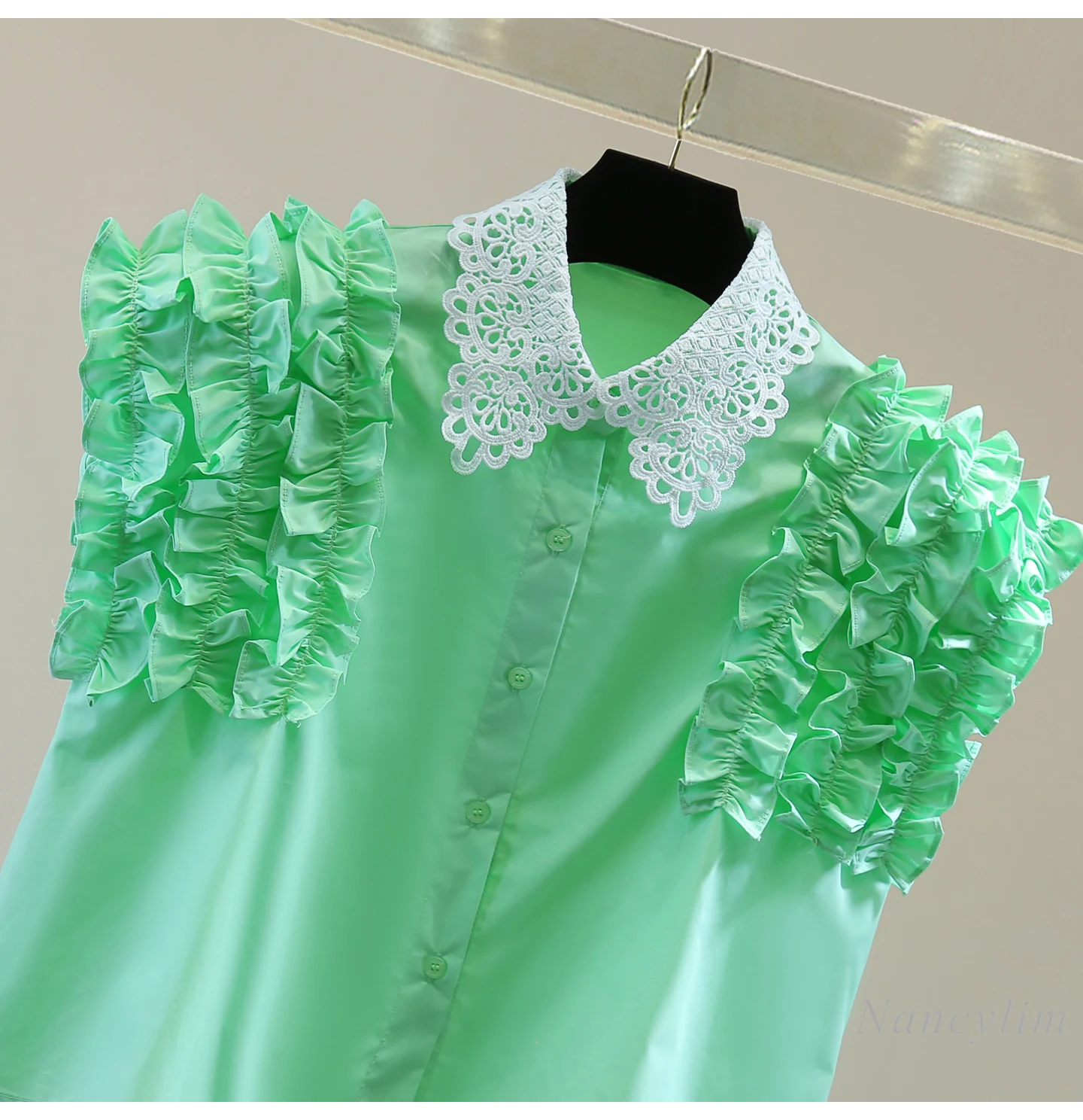 Lace Splicing Sleeveless Shirt, Fresh Green Blouse for Women, 2025 Summer High-waisted Short Fungus Edge Straight Blusas Femme