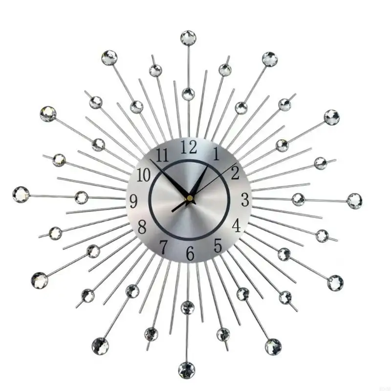 Modern Crystal Studded Metal Starbursts Wall Clock For Home And Office Decors With Quiet Movement And Easy Installation B03E