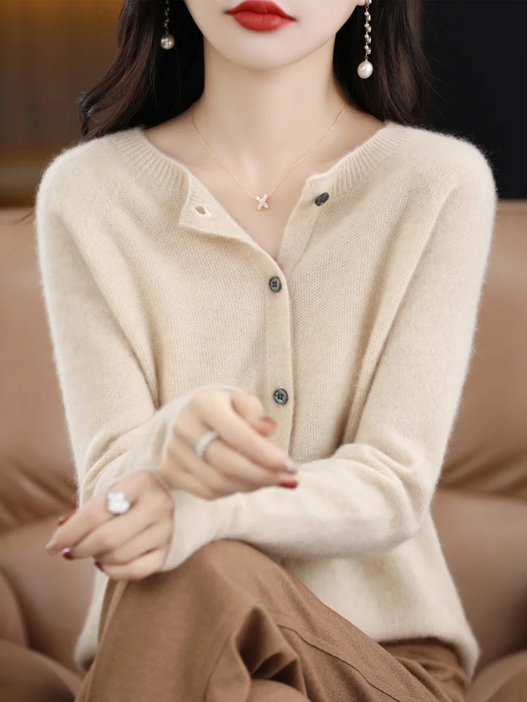 Fashion Spring Autumn 100% Merino Wool Sweater Women O-Neck Cashmere Cardigan Long Sleeve Knitwear Basic Female Clothing Tops