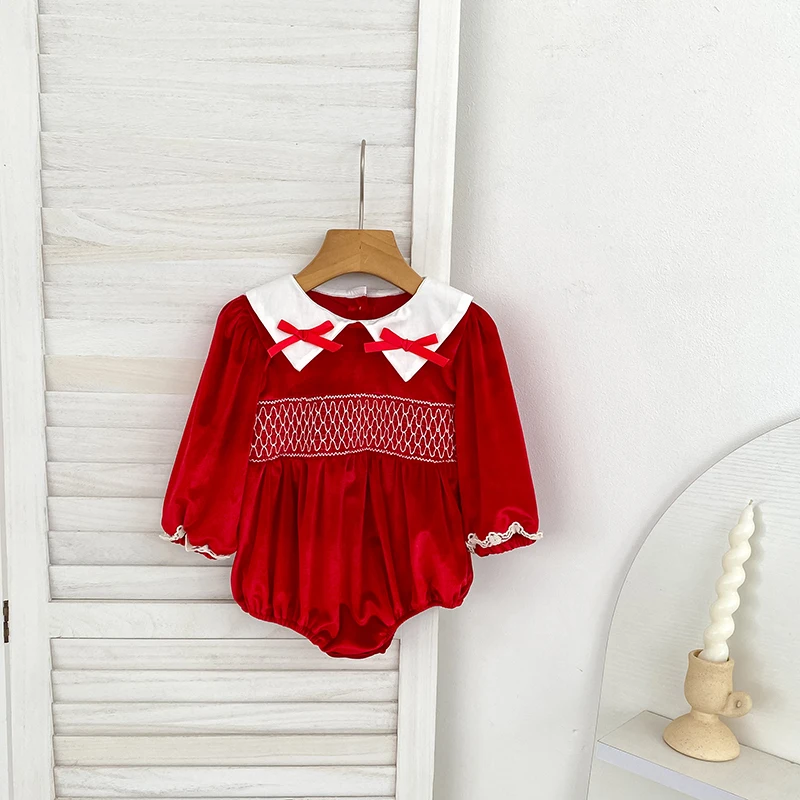 Baby Mädchen Roter Samt-Body mit Schleife Langarm Neugeborenen Party Geburtstags-Outfit Herbst Weihnachten Süßer Baby-Strampler 0-24M – Detail 2