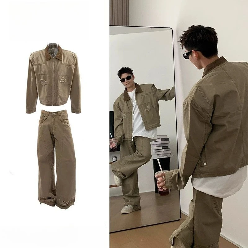 

【Two-piece】A set of work jackets, American fashion brand old lapel jacket, straight trendy jeans, matching set