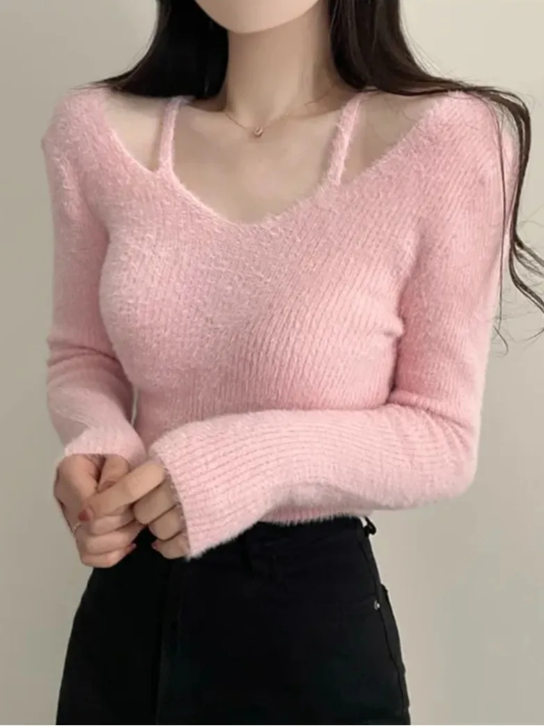 

Chic oulder-baring Long Sve Knitted Sweater Women's Slimming Sli Autumn Winter Faux Fur One-oulder Knitwear