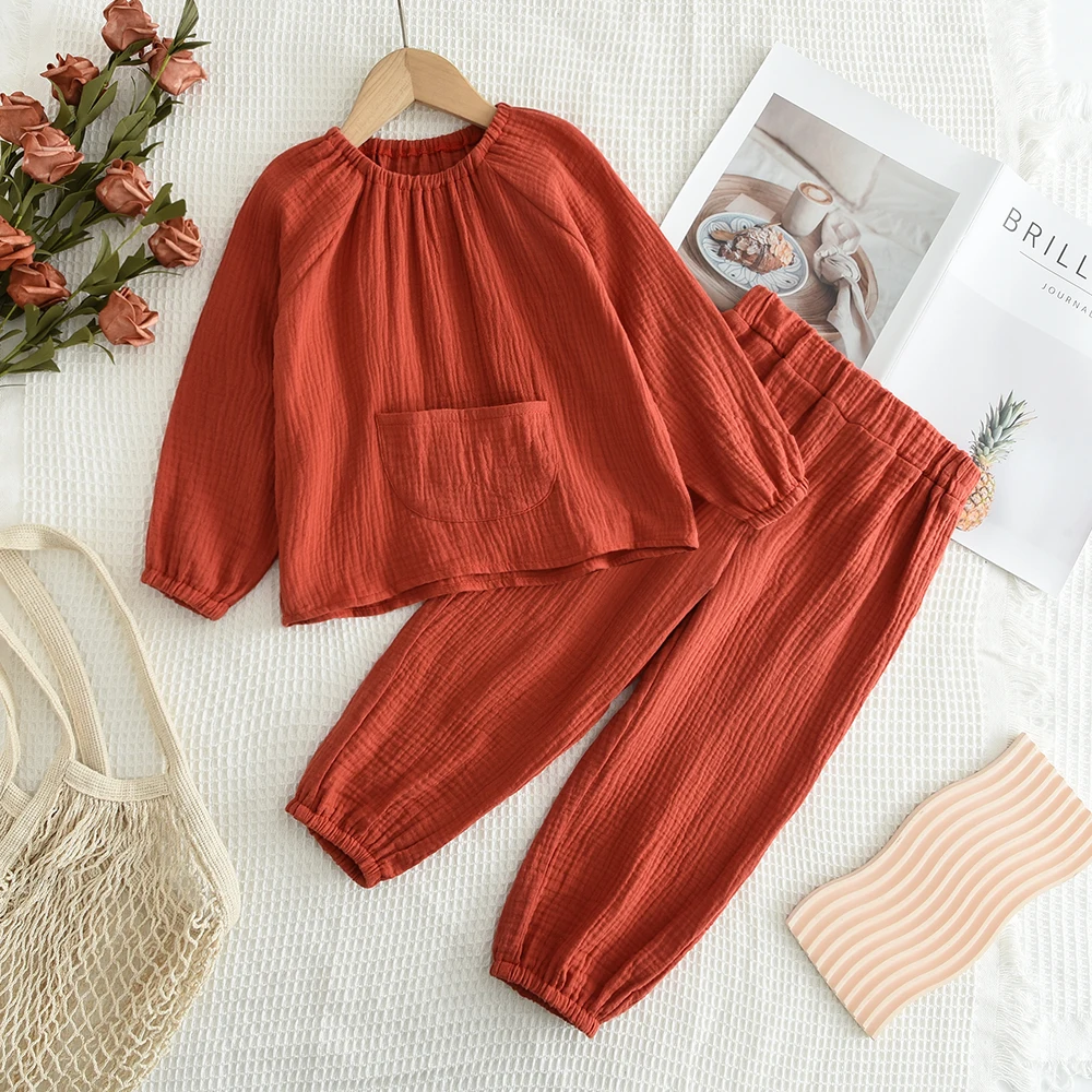 1-5 Year Old Kids Clothes Girls Autumn Red Long Sleeved Pleated Round Neck Top+Pants Two-piece Set Children's Clothin