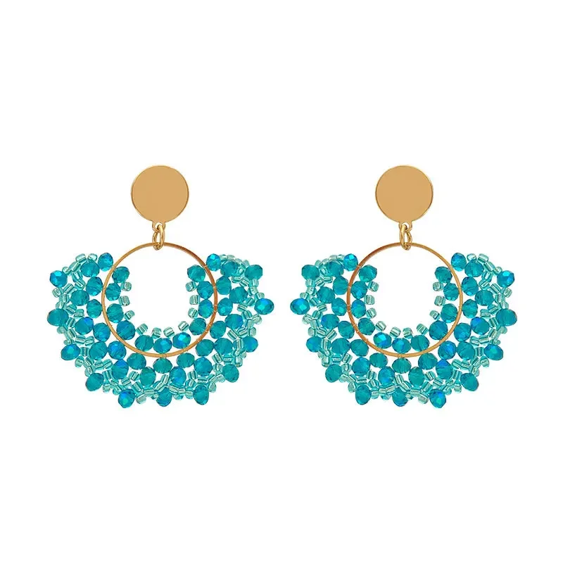 Women's Bohemian Handcrafted Crystal Rice Beads Earrings Hollow Circle Fashionable Textile Jewelry Accessory for Women