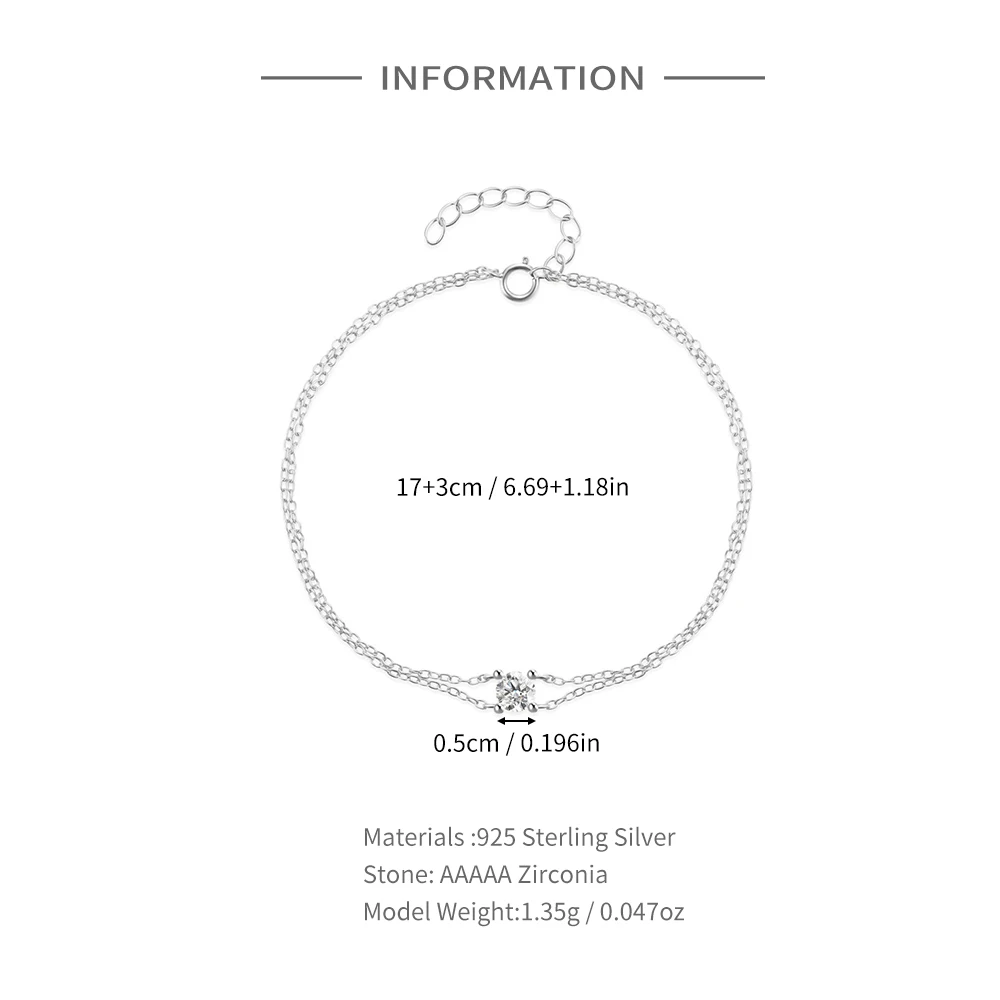 CANNER New 925 Sterling Silver Single Zircon Pendant Double Layer Chains Women Bracelet for Girls Jewelry Bracelets Bangles Gift