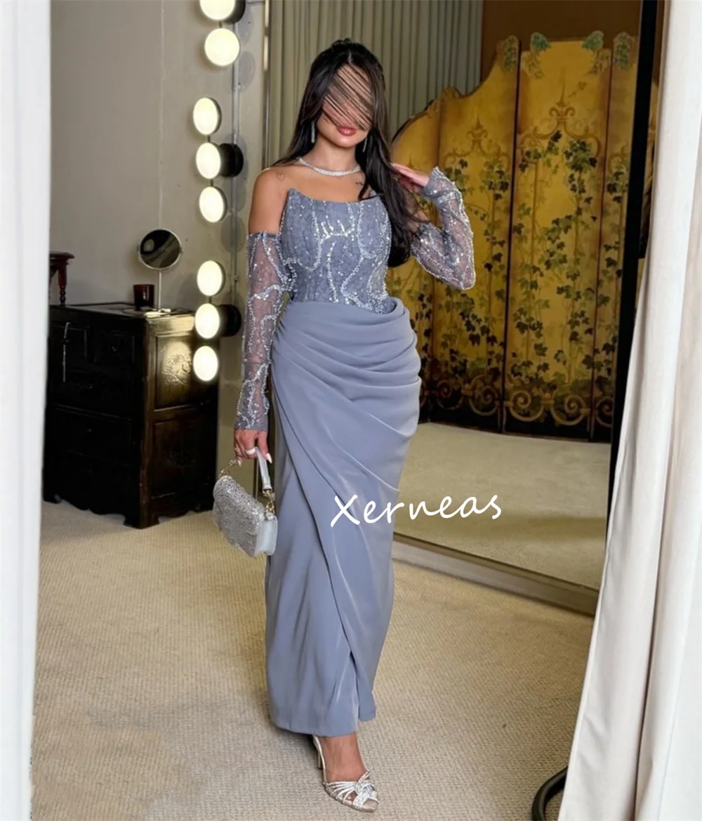 Gaun Midi Tanpa Tali Berpayet Lipit Jersey Kustom untuk Acara Khusus Wanita Mewah Malam Elegan Pesta Glitter Formal