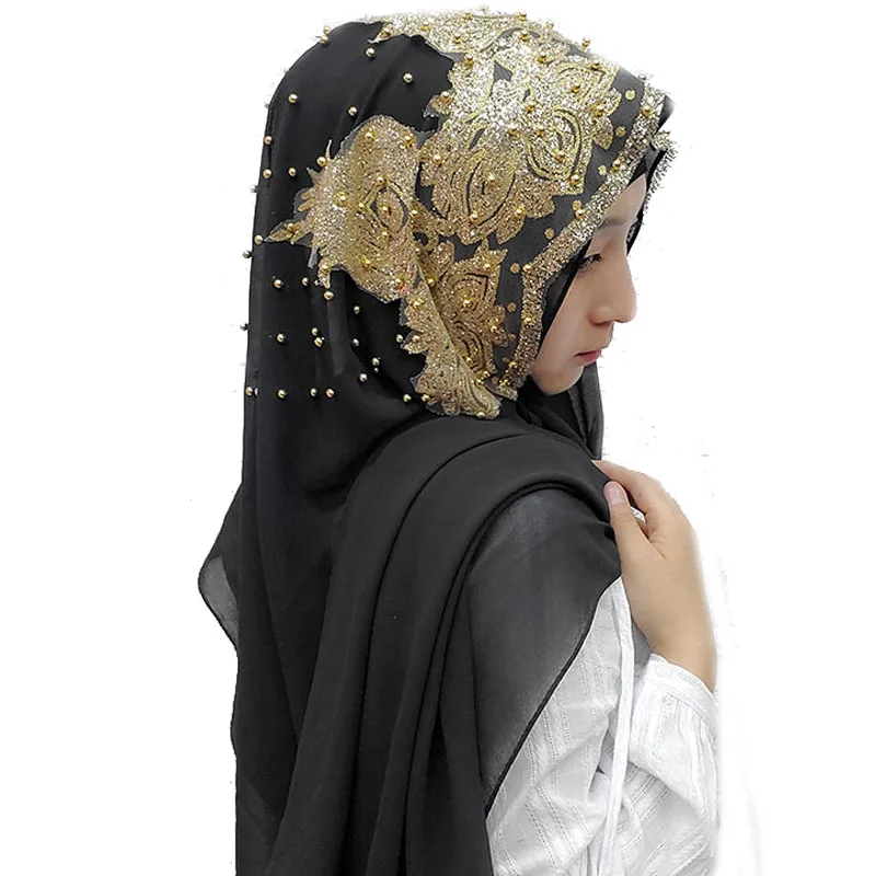 حجاب شيفون للنساء وشاح طويل شال موضة مسلم لامع الذهب بريق الحجاب رئيس التفاف الأوشحة عباية الحجاب Turbantes
