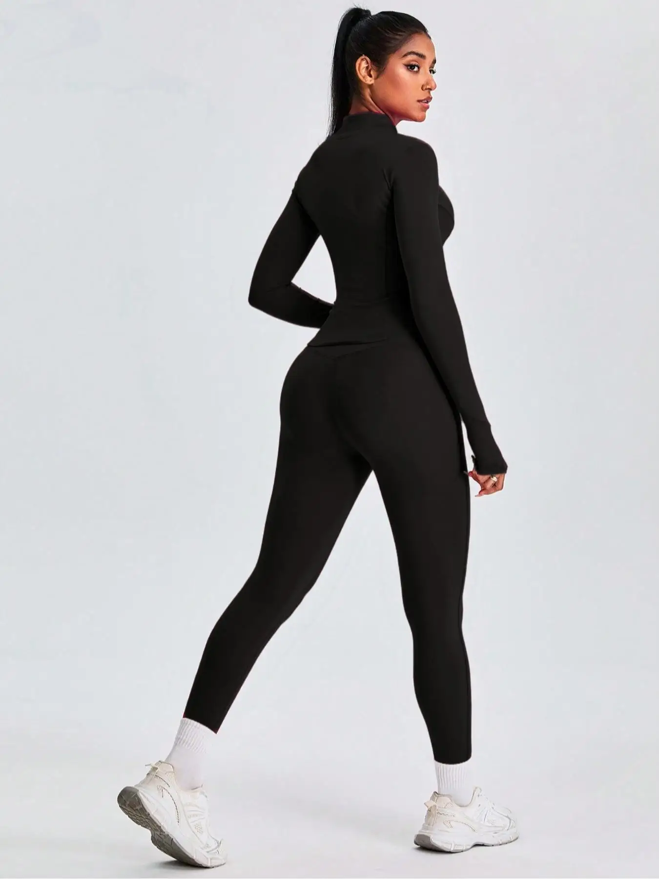 Fitfemme Two-piece Set Women's Solid Zip UpMock Neck Sports Jacket & HighWaist Leggings Set, SportyBreathable Quick Drying image 5