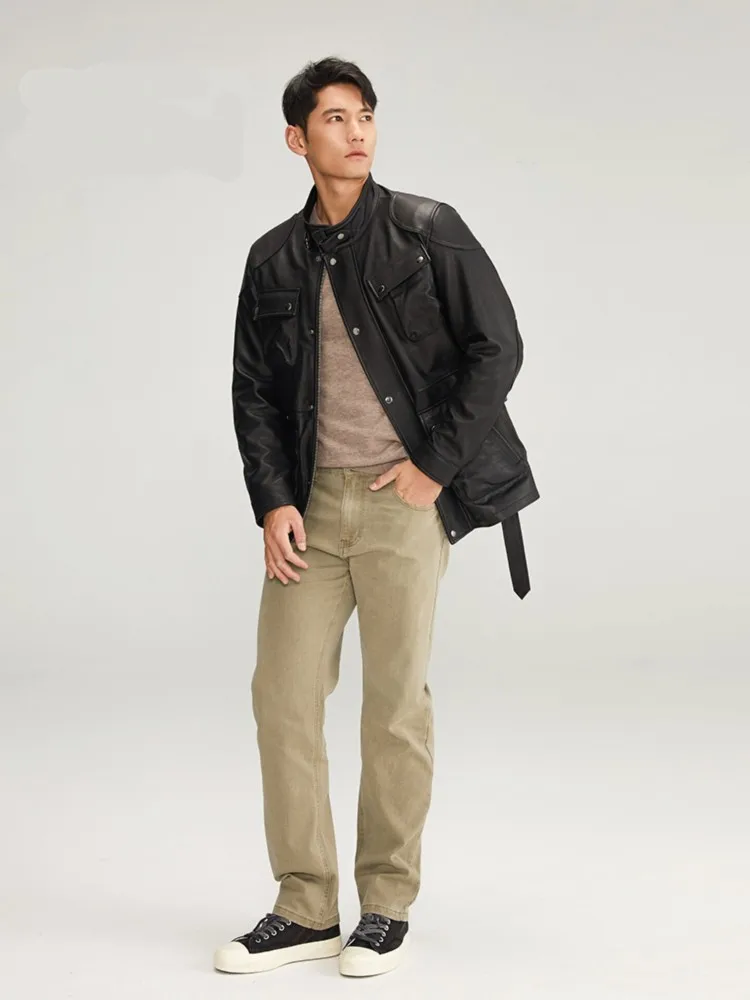 Mens Cowhide Genuine Leather Jacket Stand Collar Multi Pocket Hunting Coat Slim Fit Long Sleeve Vintage Male Motorcycle Jackets