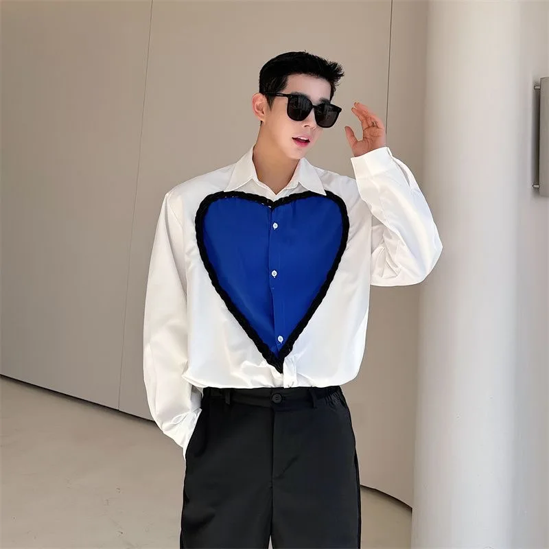 Big Heart Stitching Shirts Male Spring Autumn Senior Patchwork Tops Trendy Y2K City Boy Blouse Dinner Banquet Tuxedo Shirts