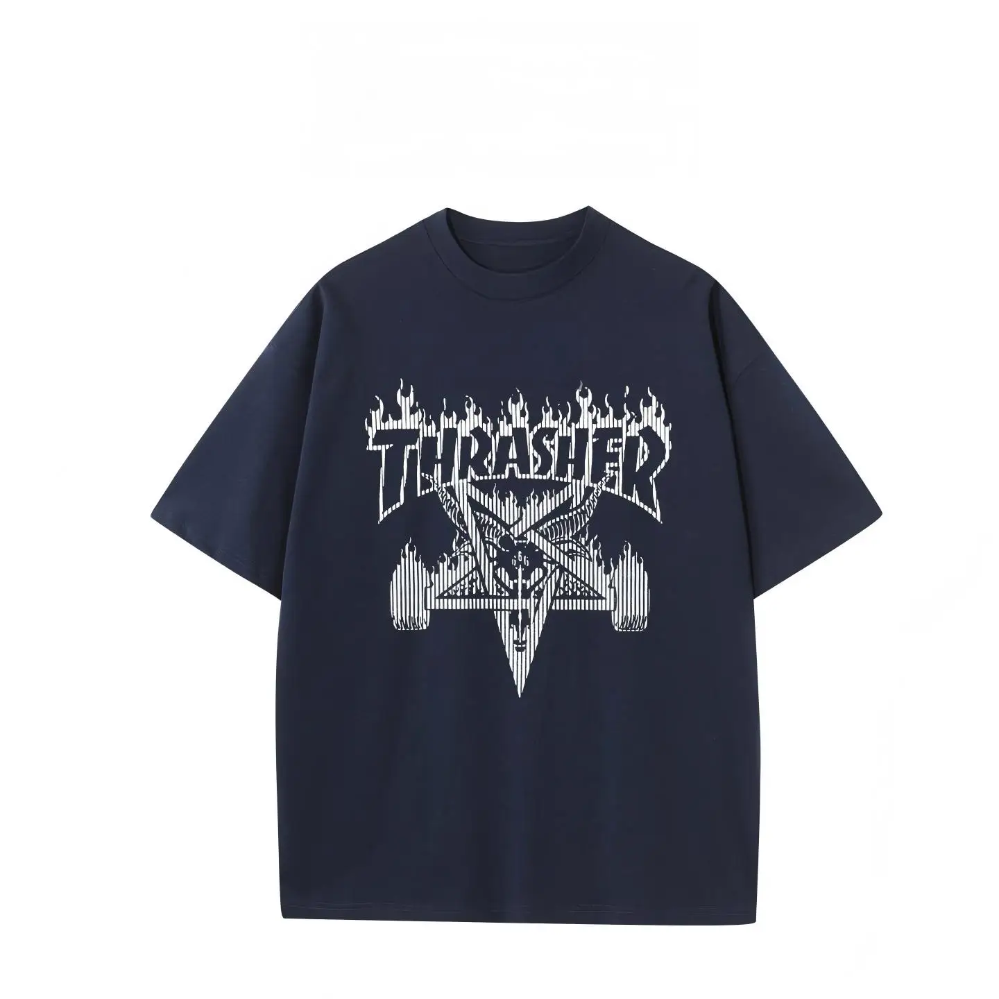 Camiseta Thrasher con Logotipo de Pentagrama en Llamas, Estampado Urbano de Skateboard, Algodón Negro de Manga Corta para Skaters y Entusiastas del Punk