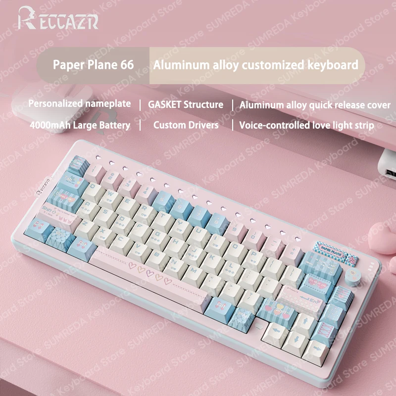 RECCAZR R66 Paper Plane66 Mechanical Keyboard Kit Aluminum 68% Layout RGB Gasket Hot Swap with Control Knob Tri-mode Keyboard