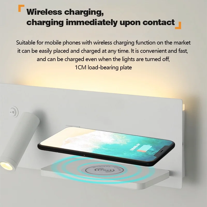 LED Wall Lamp Multi Purpose Wall Lamp Wireless Charging USB Interface Bedroom Bedside Night Light Indoor Home Decor Lighting