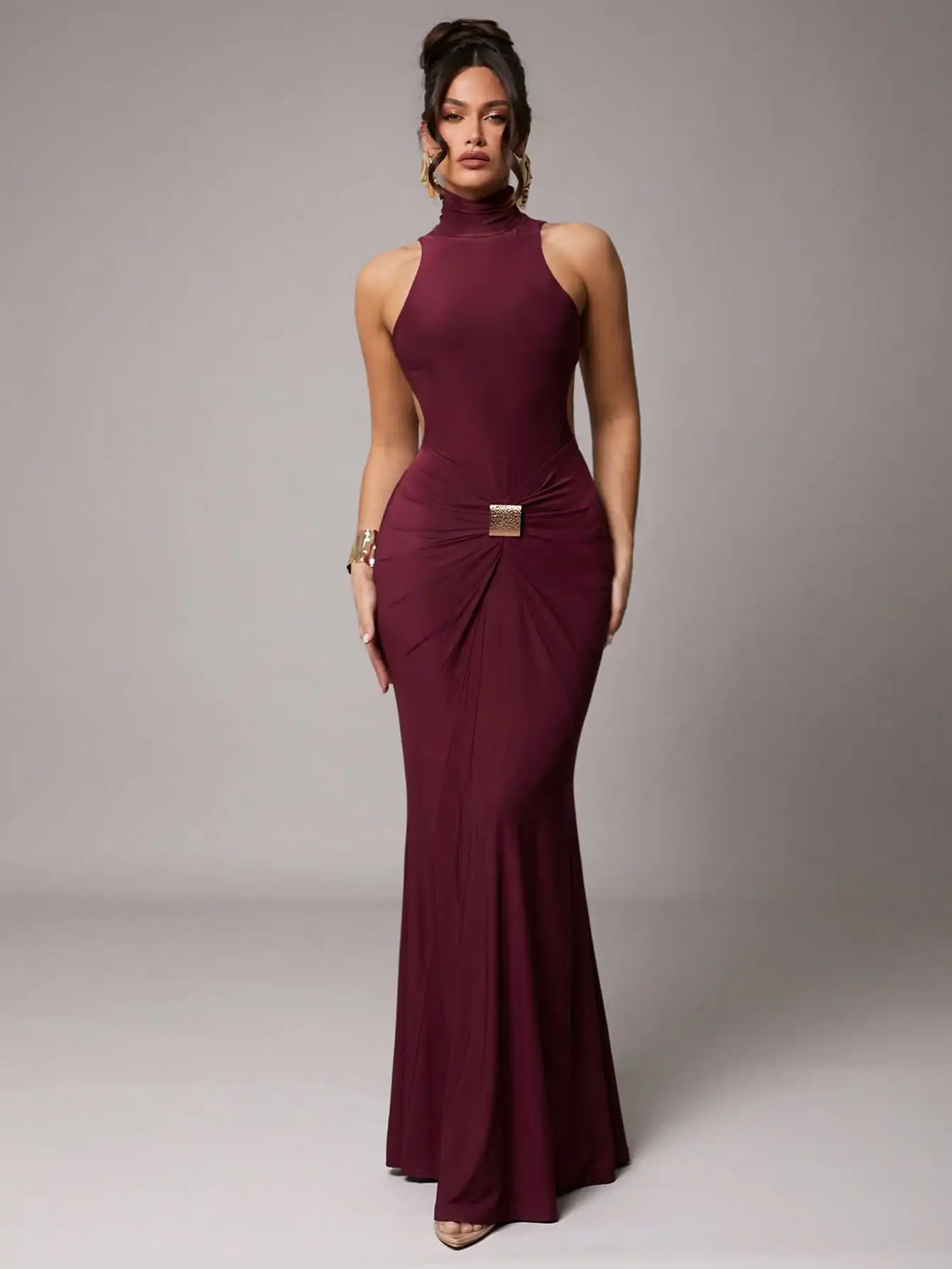 

Elegant High Neck Backless Long Dress with Metal Buckle, Stretchy Knit Fabric, Burgundy, for Cocktail Party or Formal Events