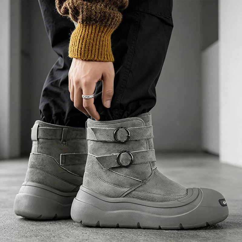Men's Thick-Soled Snow Boots, Winter Fleece-Lined Warm Outdoor Anti-Slip Snow Boots, Double Buckle Ring Design, Motorcycle Style Short Boots, Trendy Versatile Casual Cotton Boots