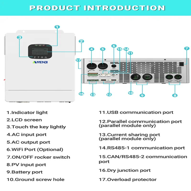 Inversor Solar híbrido de 6,5 kW y 48V, On/Off-Grid MPPT 80A PV 300VDC, Inversor fotovoltaico, controlador de carga Soalr con WiFi