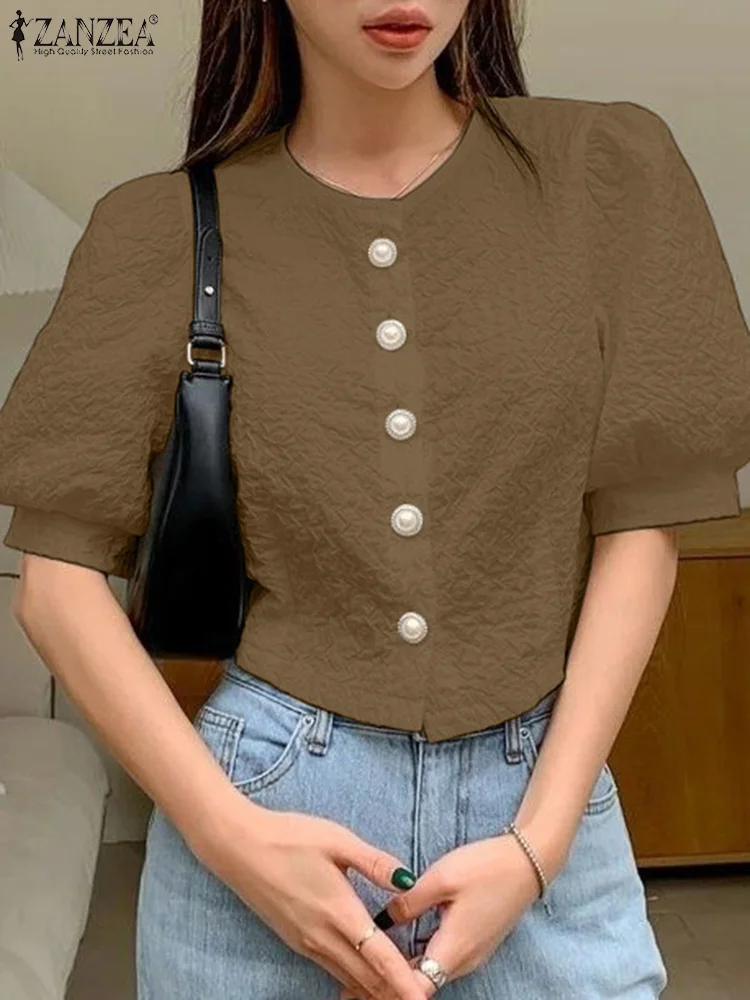 

ZANZEA Women Fashion 2024 Top Texture Fabric Tops Casual Loose Single Breast Crop Tunics Holiday Summer 2024 Short Sleeve Shirts