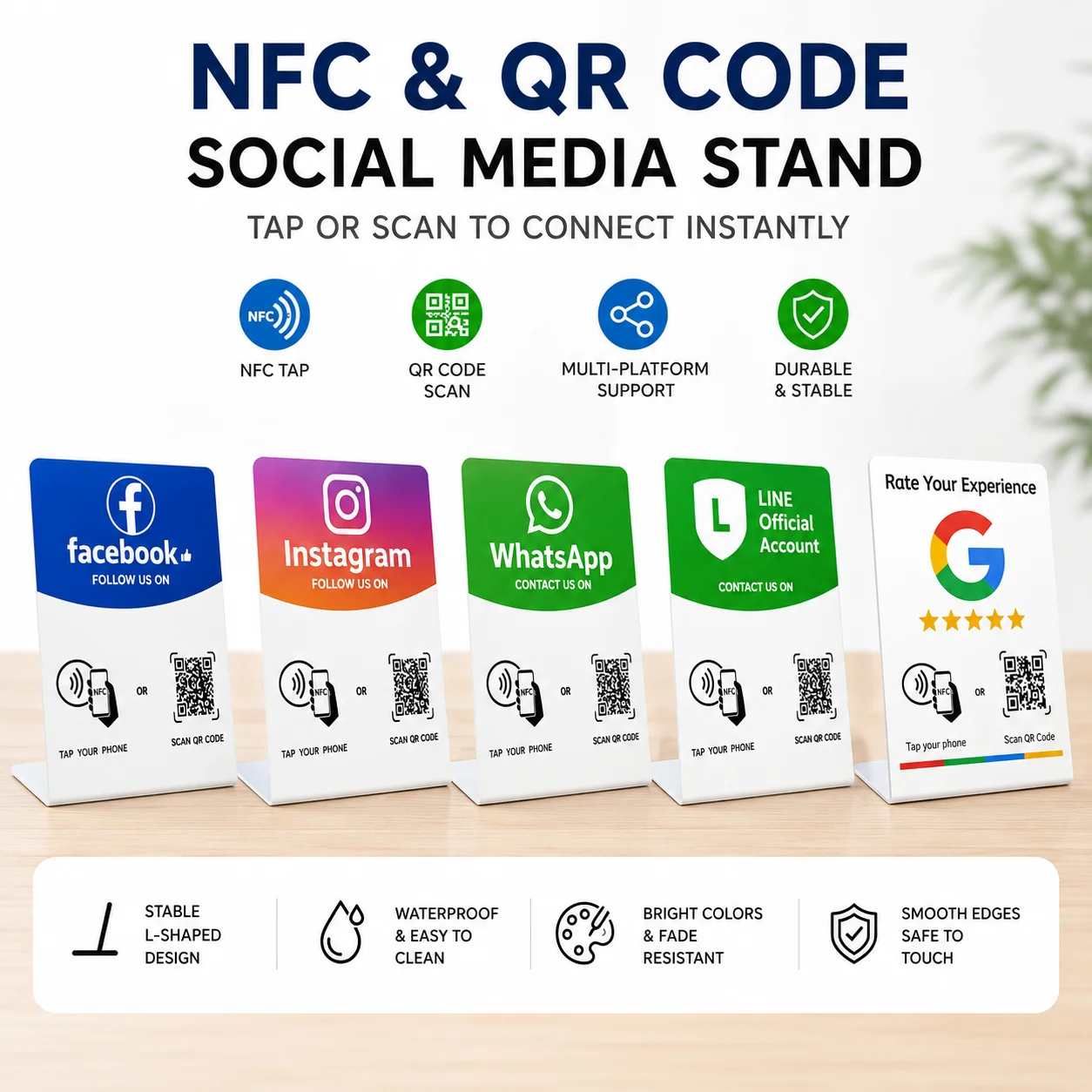 NFC QR Code Social Media Stand Multi Platform PVC Display Sign for Instagram WhatsApp Facebook LINE Google Review Card