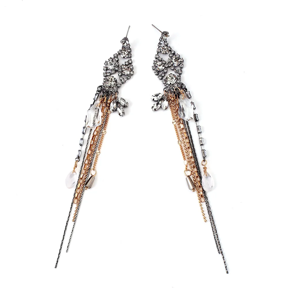 Vintage Kristall-Quasten-Ohrringe für Damen, lange Metallketten-Strass-Hängeohrringe, Statement-Schmuck für Hochzeit und Party – Detail 4