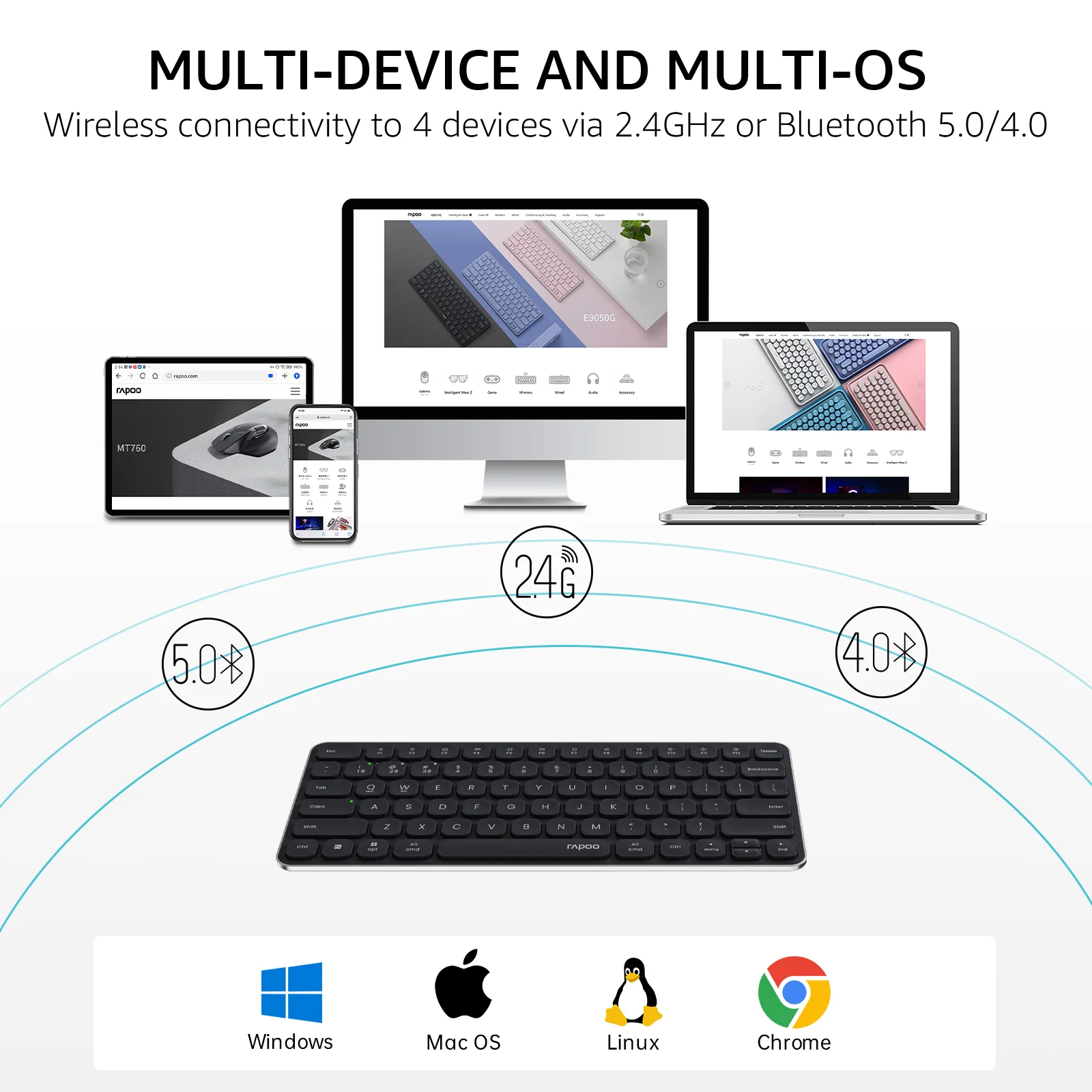 Rapoo E9050L / E9350L / E9550L  Multi-Device Wireless Keyboard  Blade-Series 78 /  99 / 110 Key Ultra-Thin Keyboard 2.4G / Bluetooth Support 4 Devices Low-Profile Al-Alloy Frame Quiet Typing Rechargeable Compatiable for Windows/Mac/Linux/Chrome