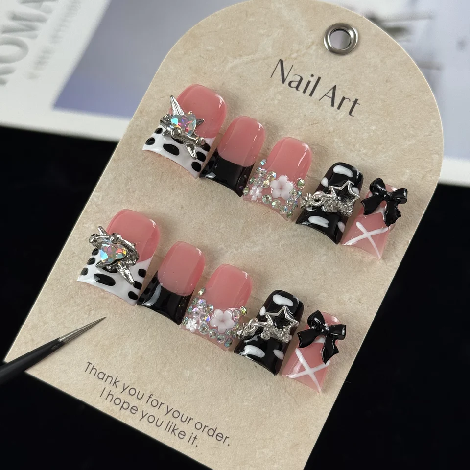 10 piezas de uñas postizas hechas a mano de alta gama, estilo dulce y cool, con lazos tridimensionales pintados a mano, estrellas y diamantes brillantes