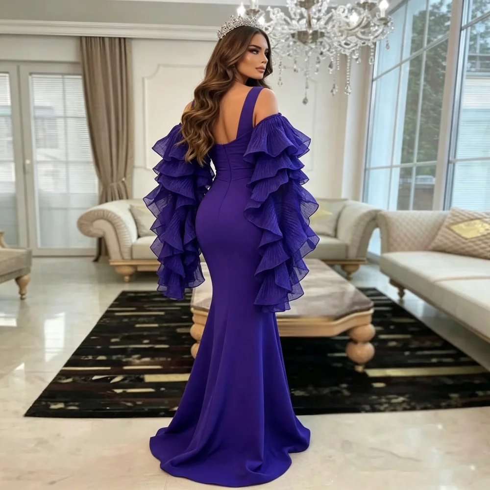 Customized Purple Crepe Multi Layer Ruffle Deep V Off Shoulder Mother Of The Bride Gown Flowy Sleeve Mermaid Guest Gown