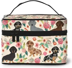 Dachshund Dogs Pink Flowers Makeup Bag Large Cosmetic Bag for Women Portable Travel Toiletry Bags Organizer