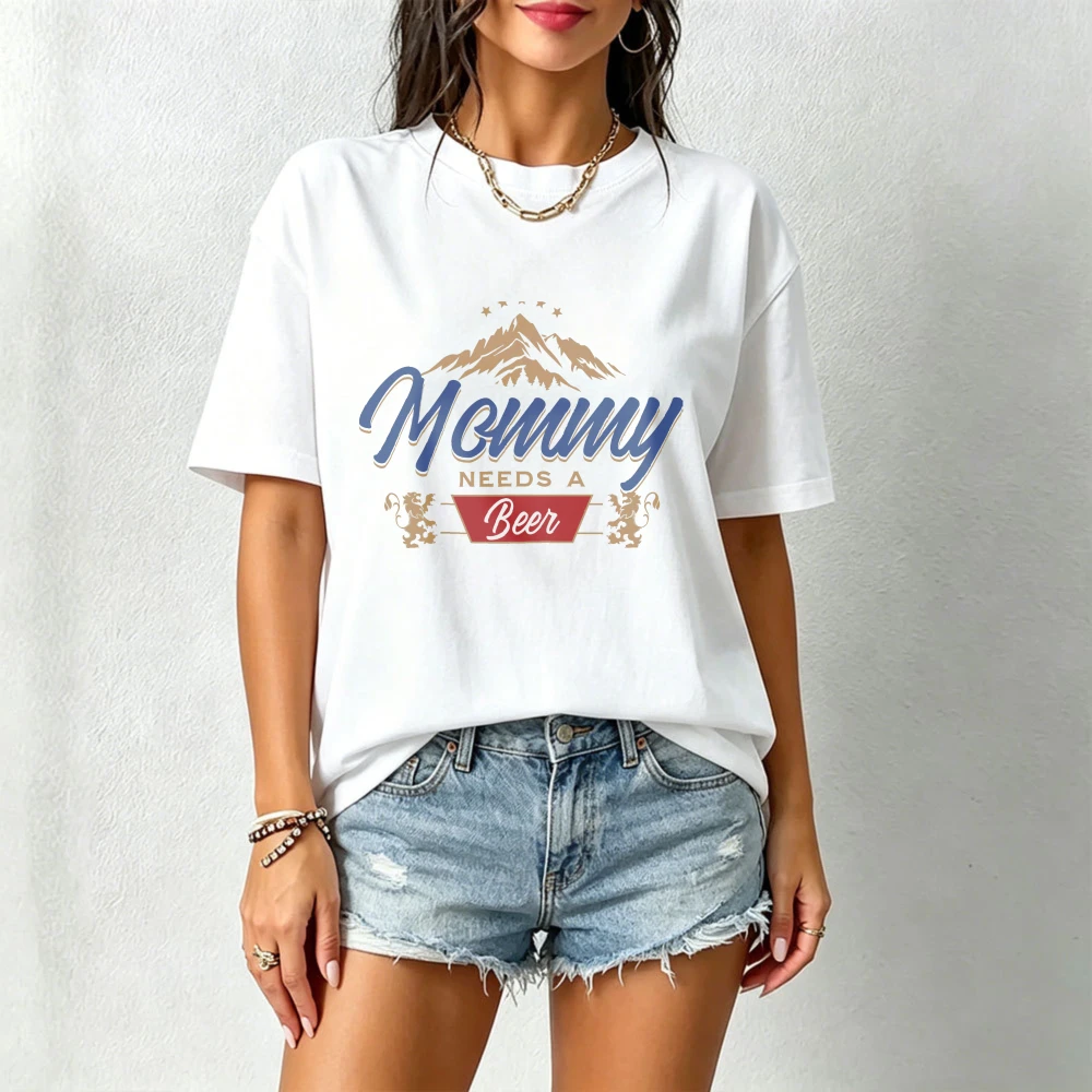 Mom T-shirt Mommy Needs A Beer Mountain Vintage Script Cotton Tee Women Funny Mom Life Beer Lover Graphic Casual Tops